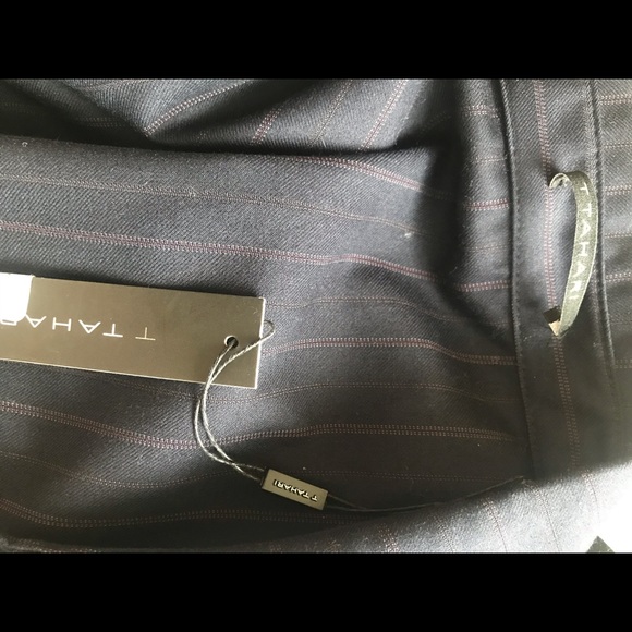 New T Tahari Dress Ruffles Navy Pinstripe Size 10 Short Navy Office Casual Tie - Picture 11 of 16